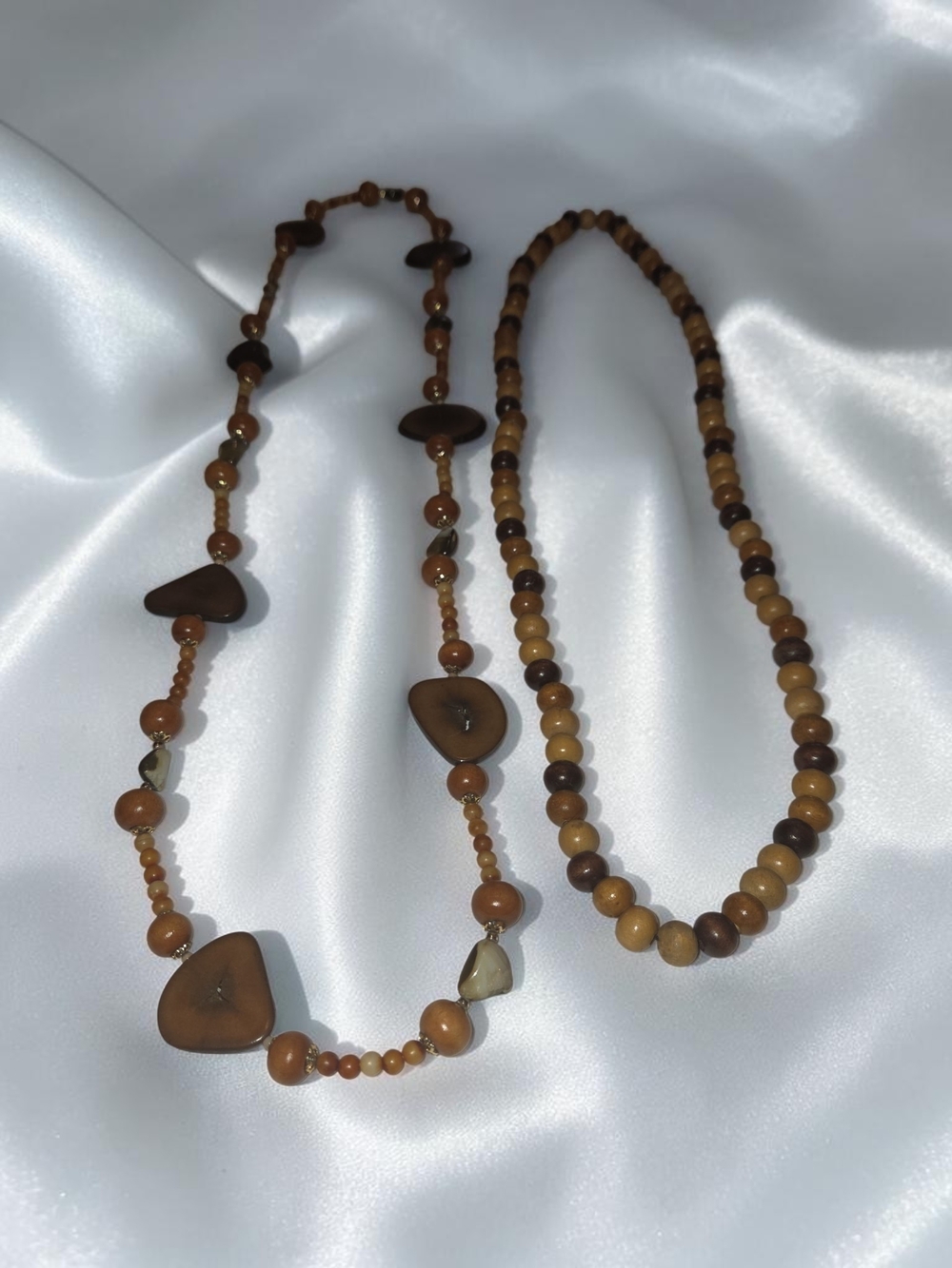 Handcrafted Brown Beaded Necklaces - Set Of 2 In Earth Tones Wood/Agate/Shells